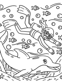 Coloriage d'une plongeuse avec un dauphin