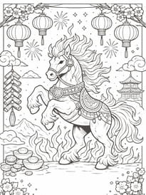 Coloriage d'un puissant Cheval de Feu, l'animal du Nouvel An chinois