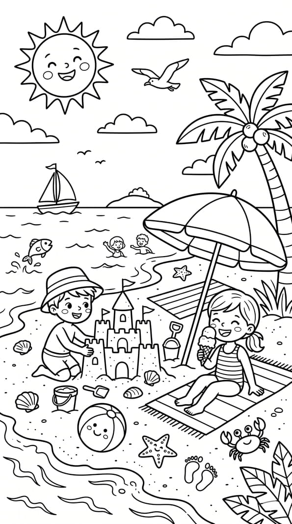 Coloriage des enfants &agrave; la plage